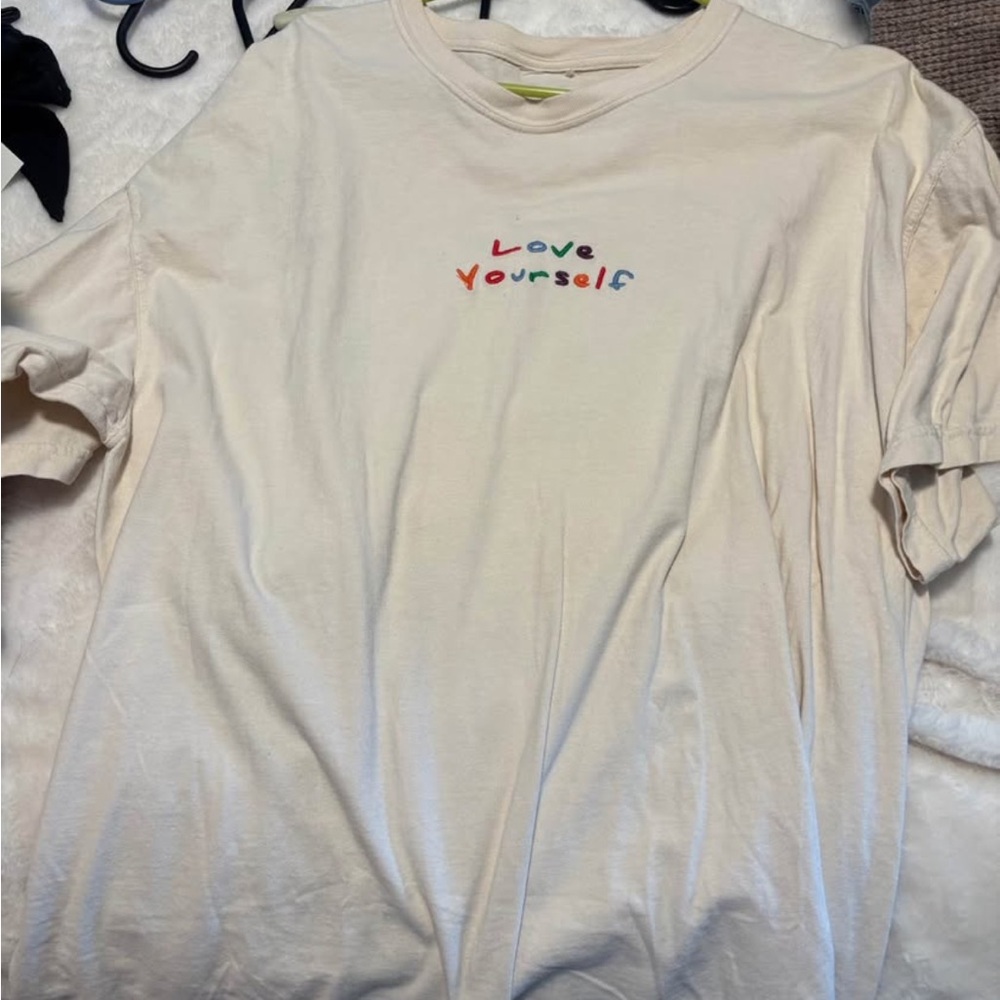 Cream Graphic Tee with Colorful "Love Yourself" Embroidery